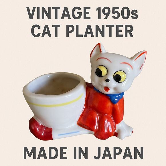 Vintage Made in Japan Cat Planter Red Ceramic Figurine 1950s - Picture 1 of 13